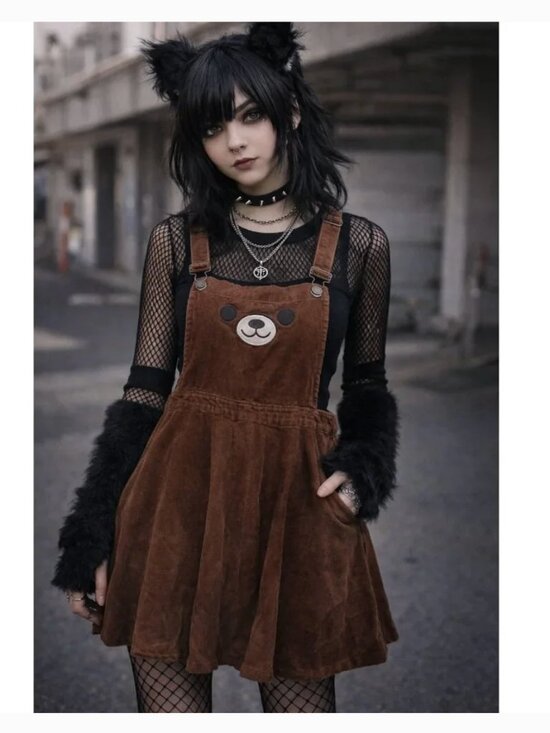 Hot Topic Dresses & Skirts - Hot Topic Teddy Bear Corduroy Overall Skirt Size Small Brown Grunge Emo Alt Girl